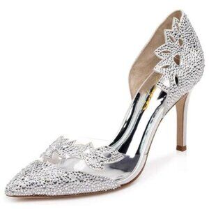 XYD Silver Pumps, Elegant Pointed Toe, D'Orsay Kitten Low Heels, Rhinestone Stu